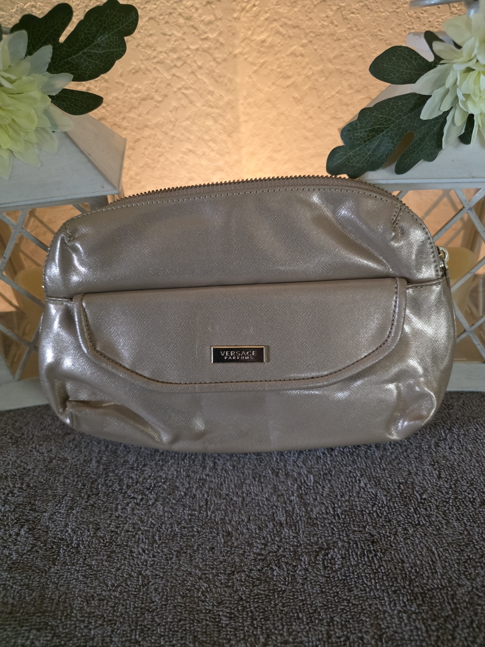 Versace Metallic Gold Cosmetic Pouch with Front Pocket